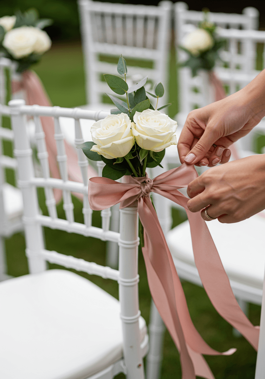 Bride's hands tying dusty rose silk ribbons around white rose posy on ceremony chair