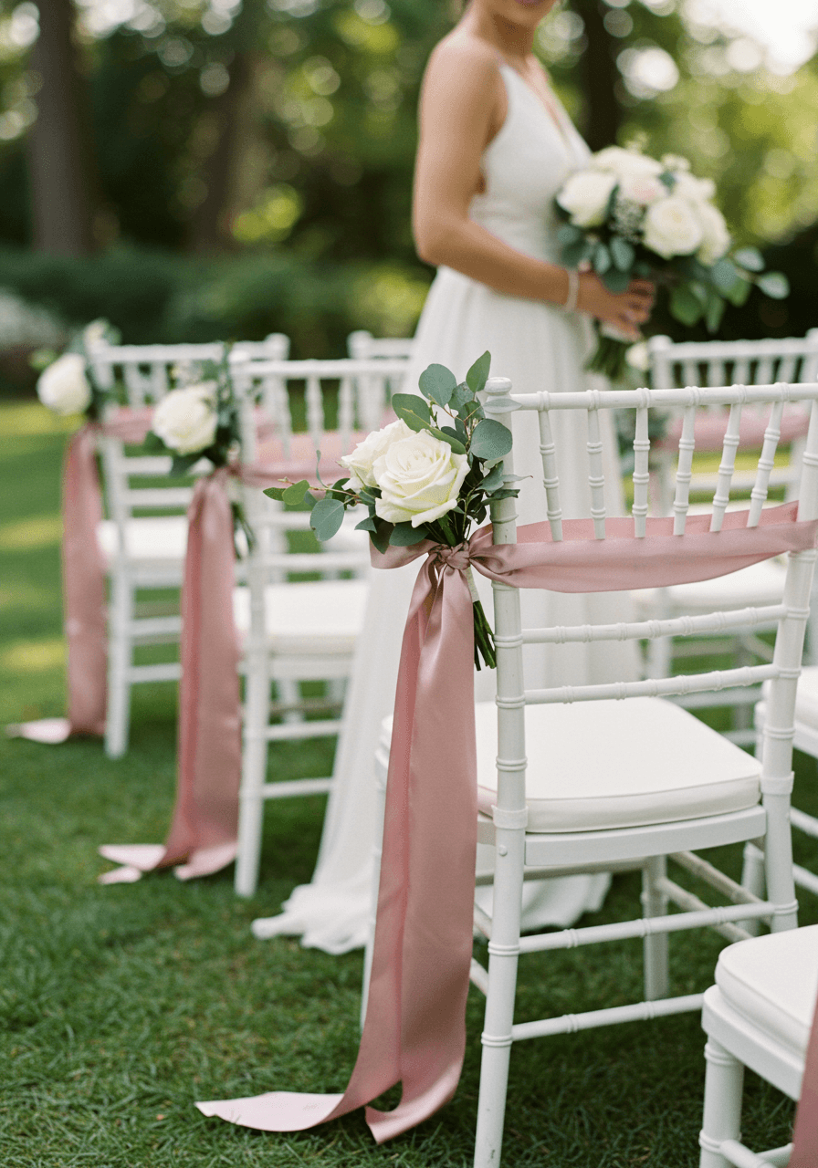 Close-up of hands decorating white chiavari chair with flowers and silk ribbons