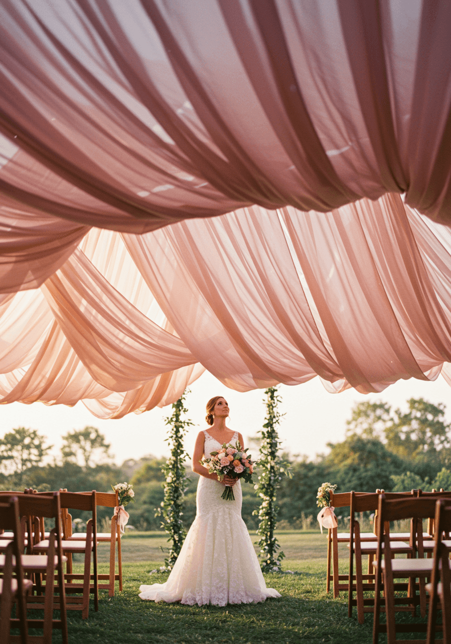 Bride in white gown standing beneath cascading dusty rose chiffon ceiling installation