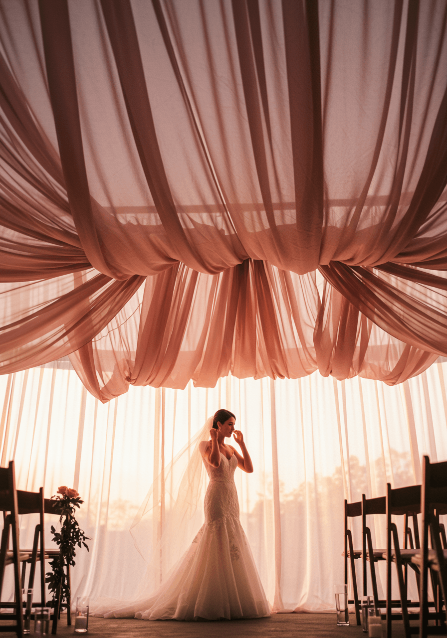 Bride gazing up admiringly at romantic dusty rose fabric canopy during golden hour