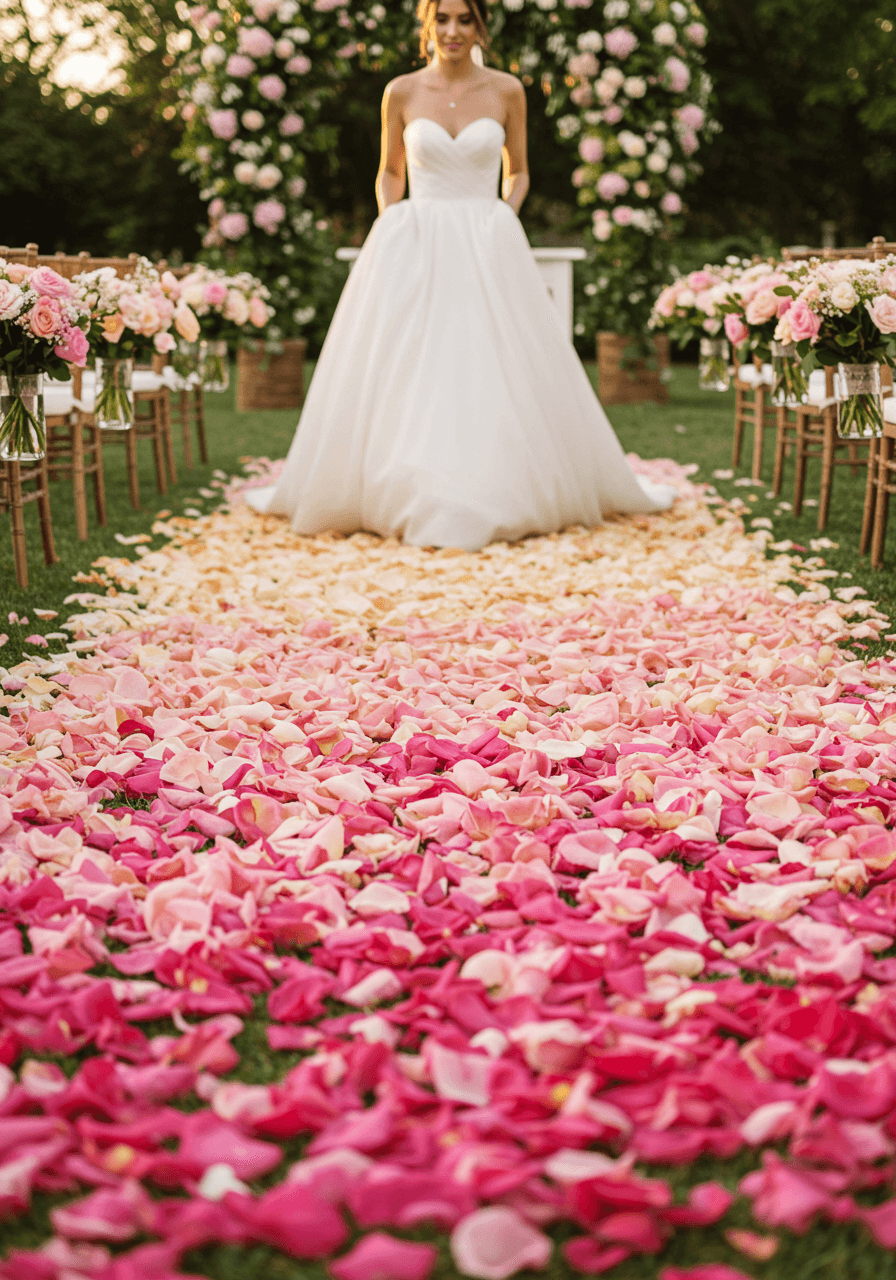 Bride in flowing gown walking down romantic ombré rose petal aisle runner at outdoor ceremony