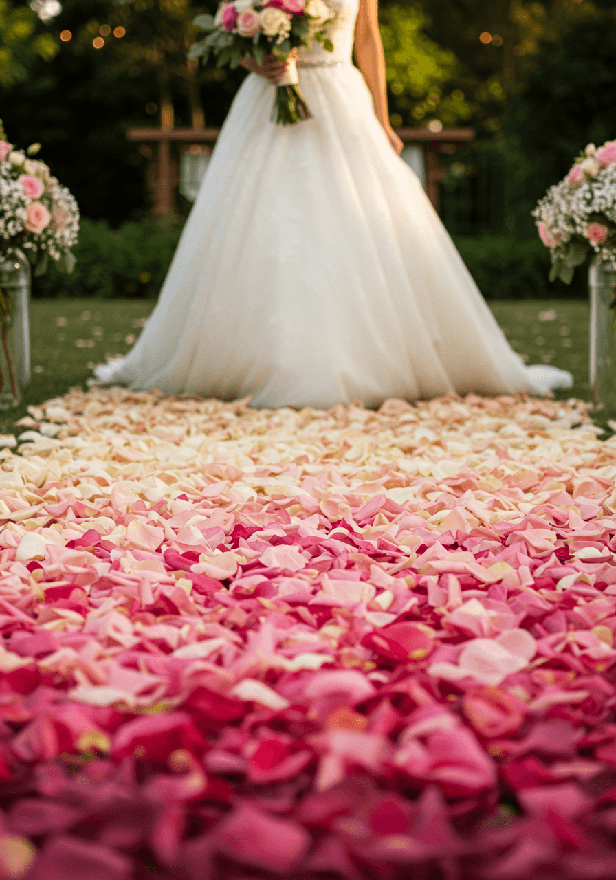 Elegant bride stepping along gradient rose petal aisle during golden hour garden wedding