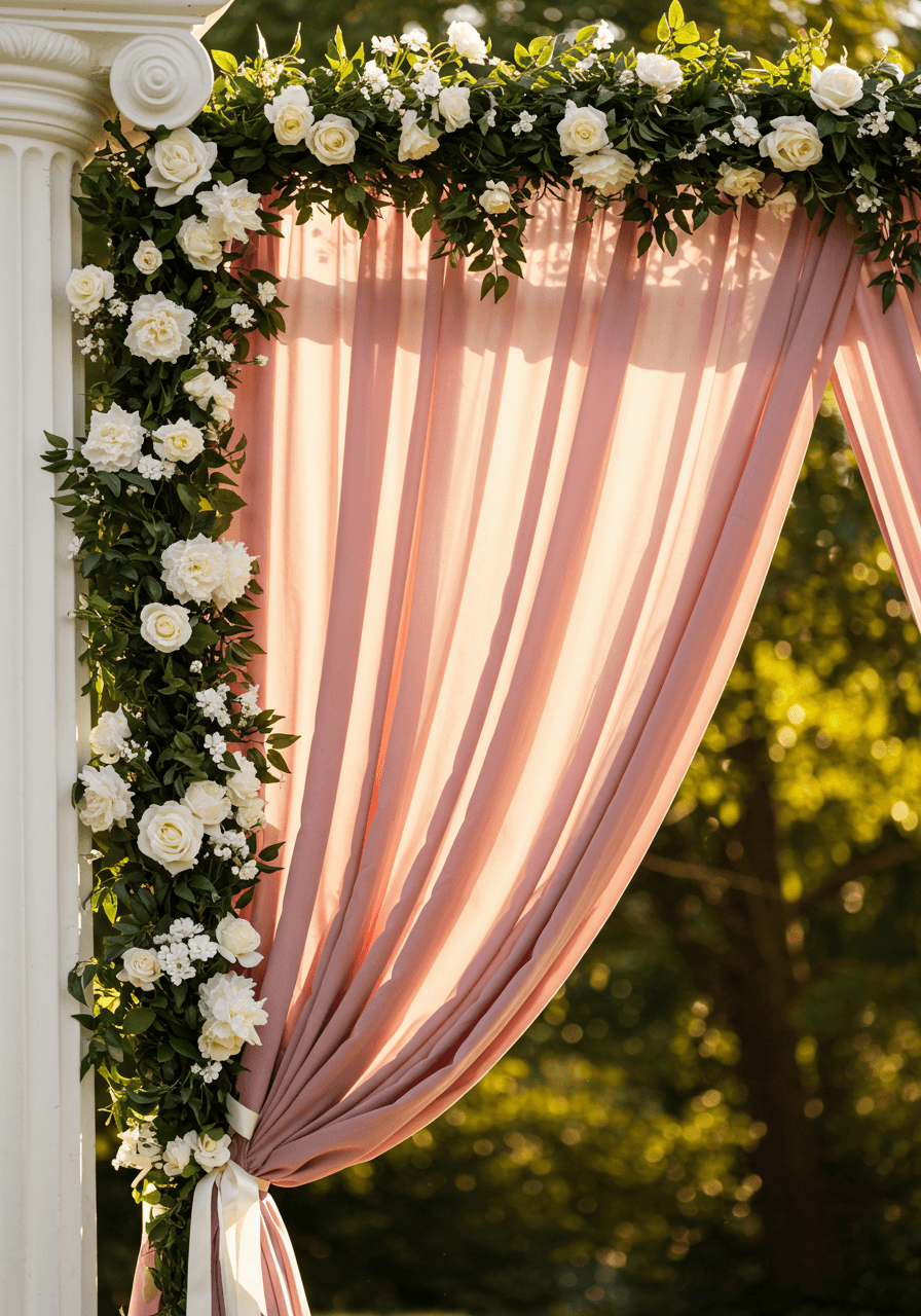 Close-up detail of dusty rose silk fabric draping technique on white wooden ceremony arch