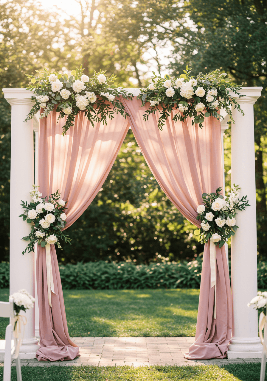 Flowing dusty rose chiffon ceremony arch between white columns in garden setting during golden hour