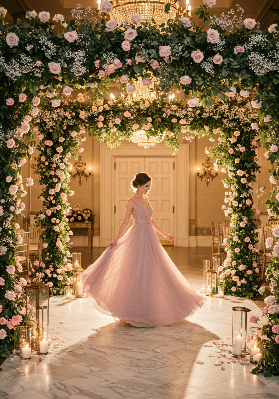 Bride in dusty rose gown dancing beneath overhead floral canopy on marble dance floor