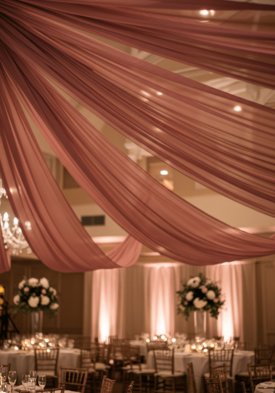 Dramatic overhead dusty rose chiffon draping creating romantic reception atmosphere