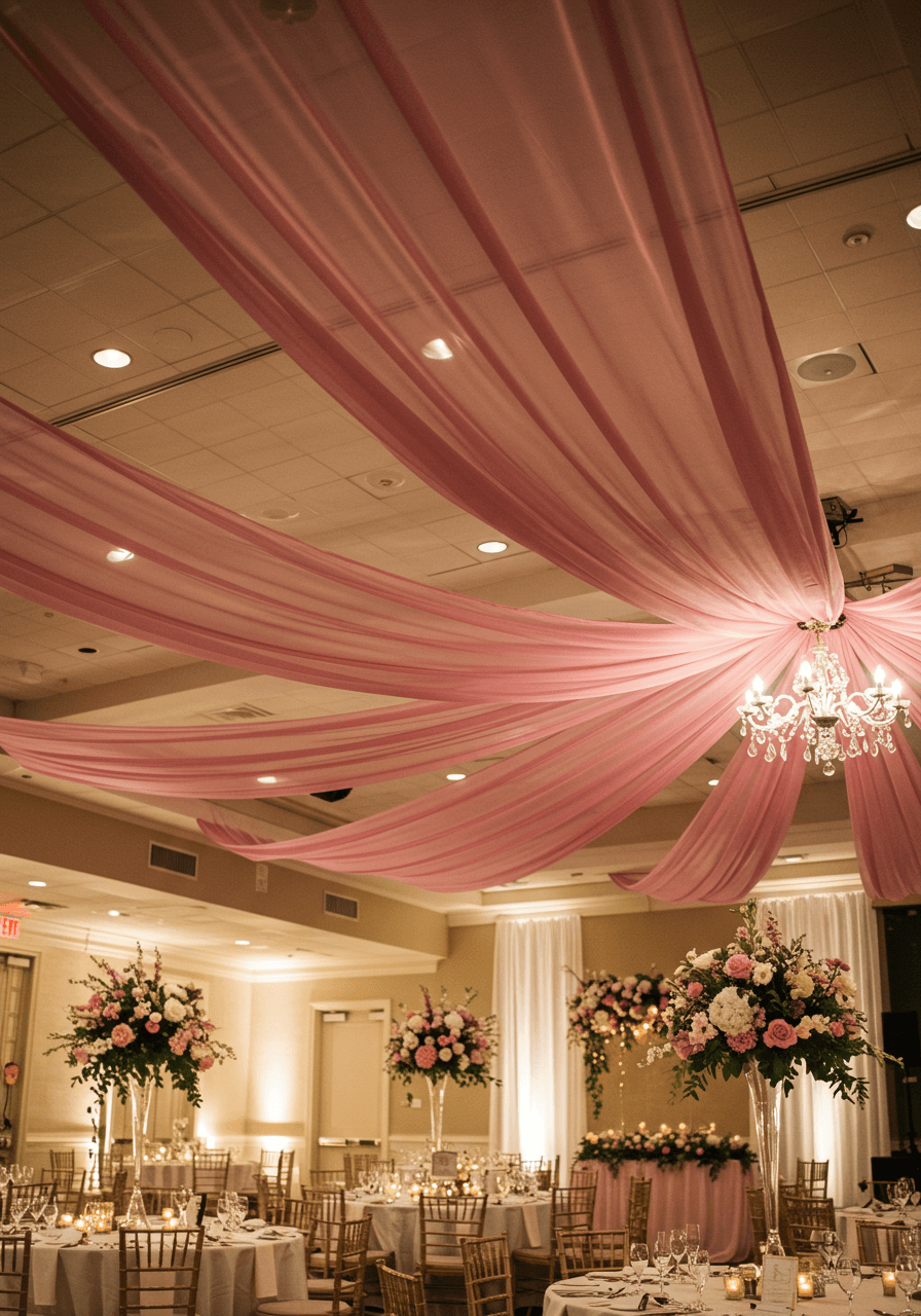 Wedding reception space with billowing dusty rose chiffon ceiling canopy during evening