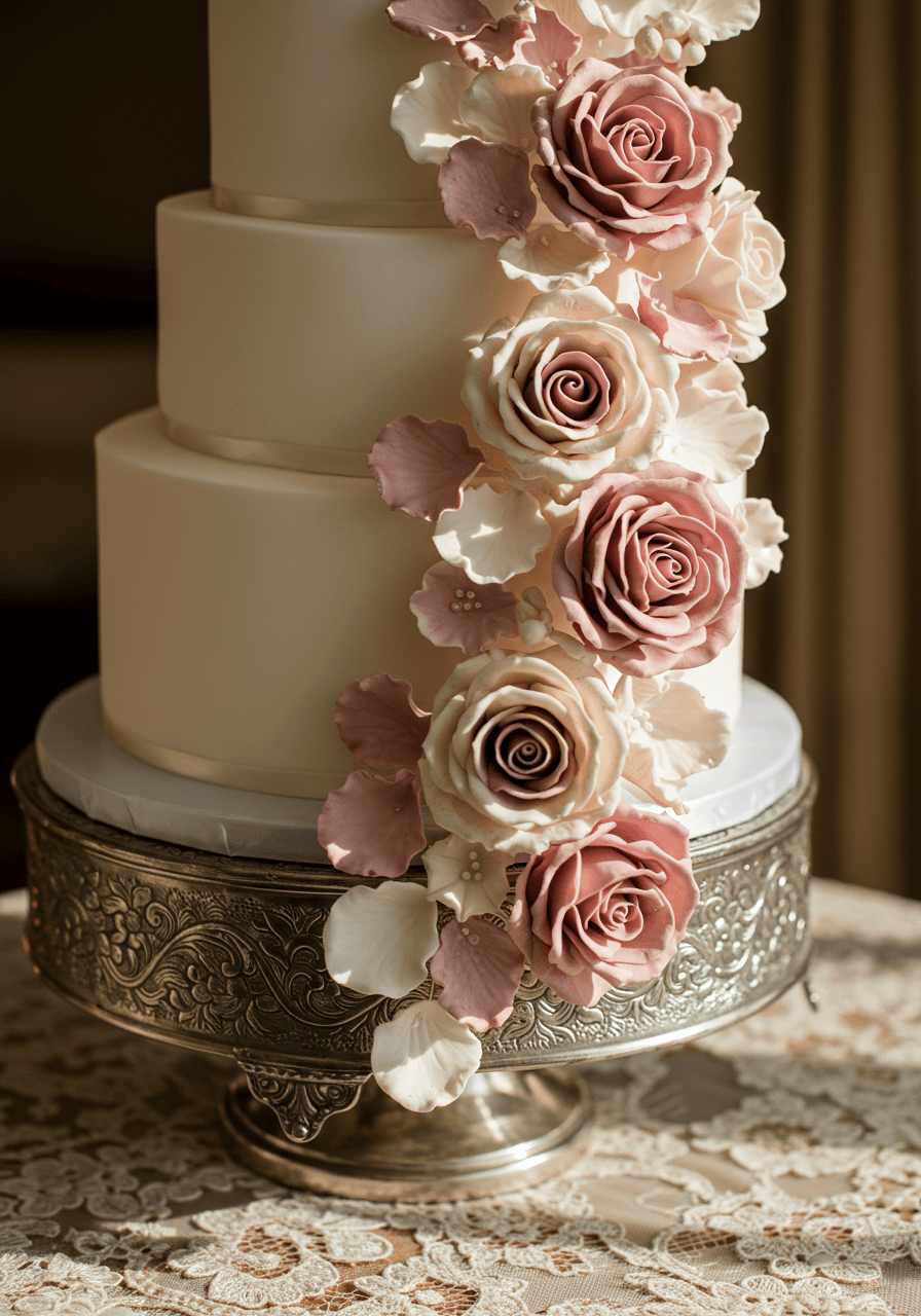 Close-up detail of cascading sugar flowers in dusty rose tones on white wedding cake