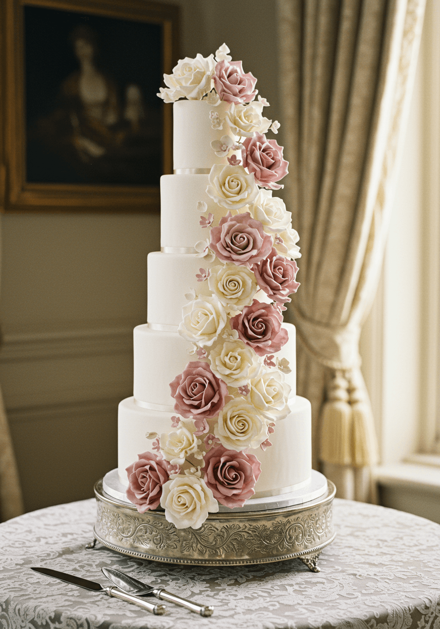 Wedding cake with hand-crafted sugar roses and pearl dust details on vintage silver pedestal