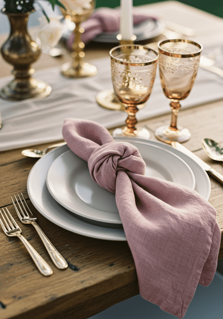Elegant place setting with knotted dusty rose napkin on rustic wooden farmhouse table