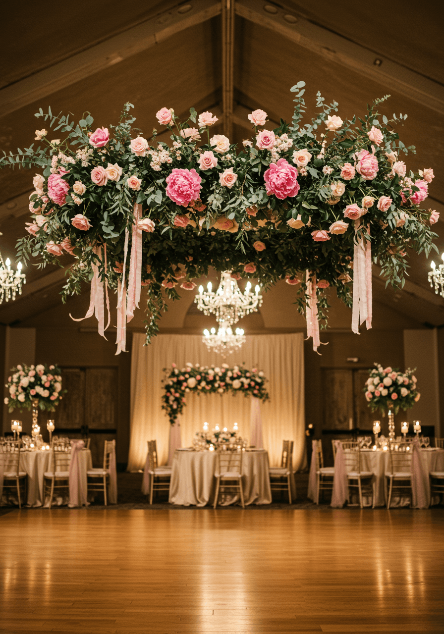 Large hanging floral installation with dusty rose peonies suspended above dance floor