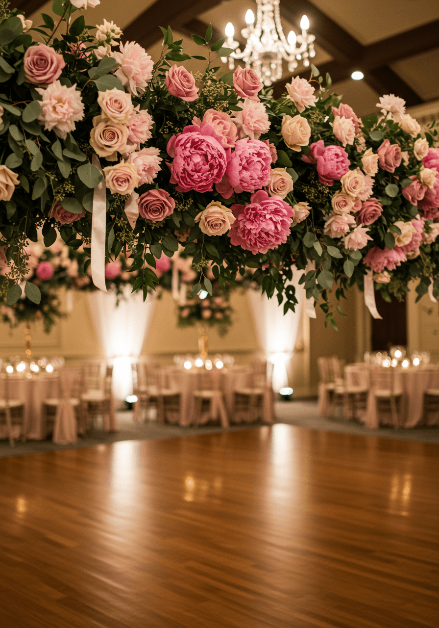 Overhead floral canopy with blush roses and eucalyptus in elegant wedding reception venue