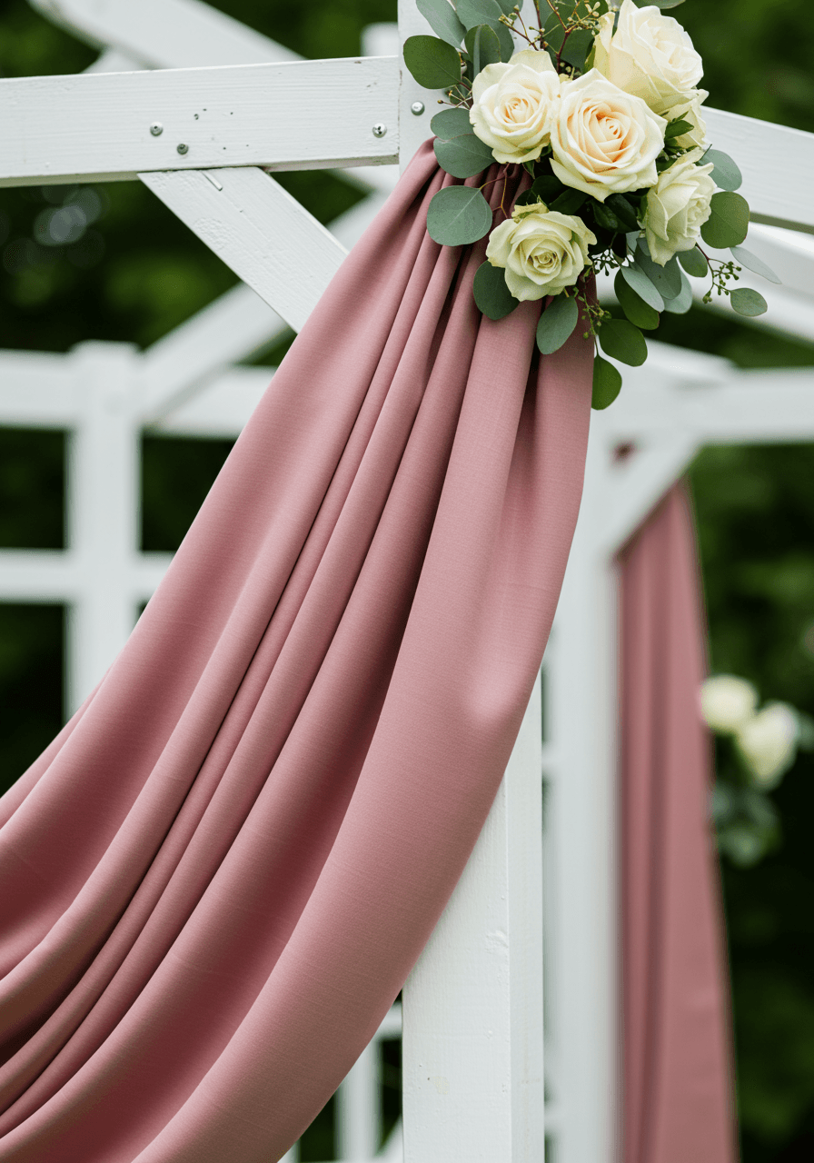 Detailed view of dusty rose silk gathered at corner of white ceremony arch with pearl pins