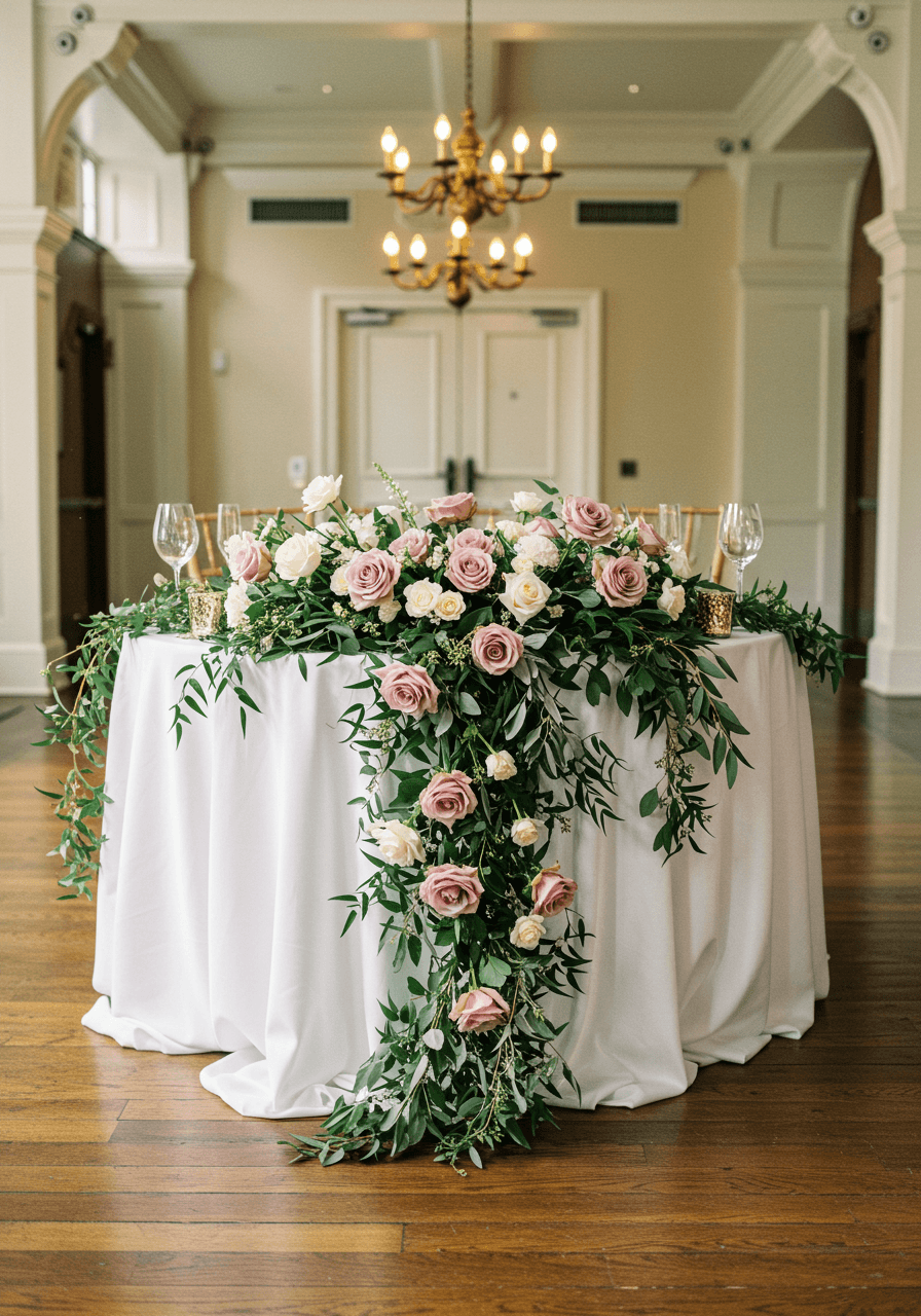 White-draped sweetheart table with cascading dusty rose floral runner in elegant venue