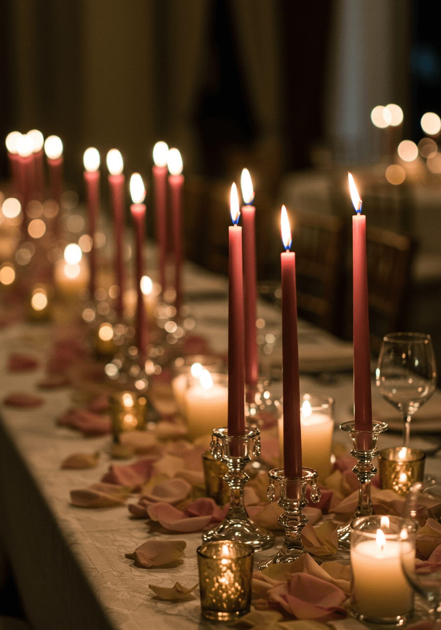 Elegant dusty rose taper candle arrangement on wedding reception table during evening