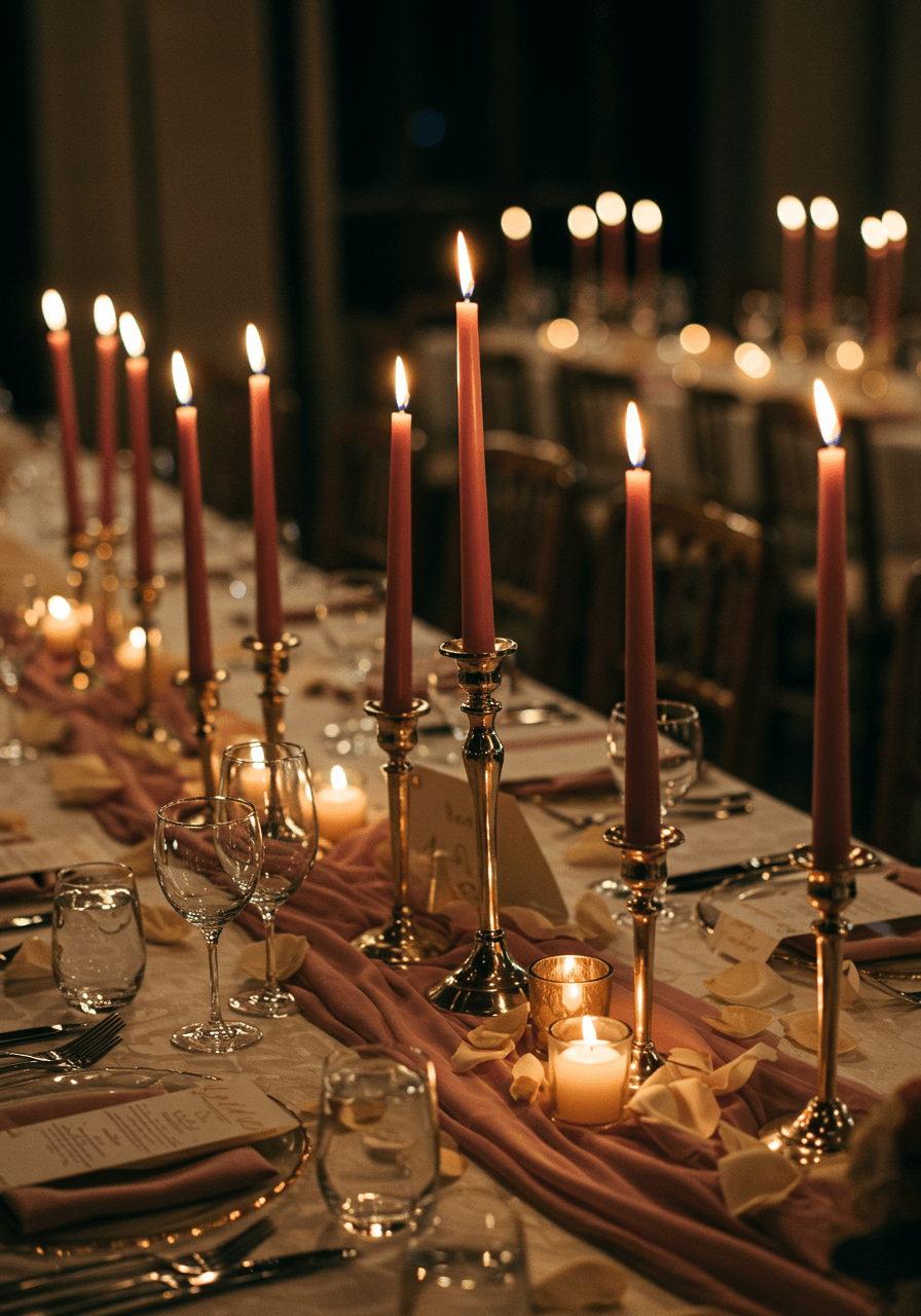 Wedding tablescape with dusty rose candles casting romantic candlelight on crystal glassware