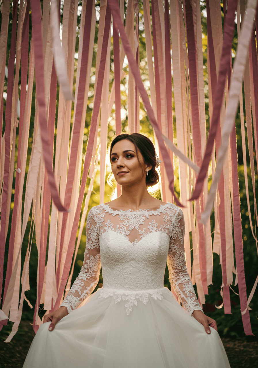 Elegant bride touching hanging ribbon installation during golden hour ceremony