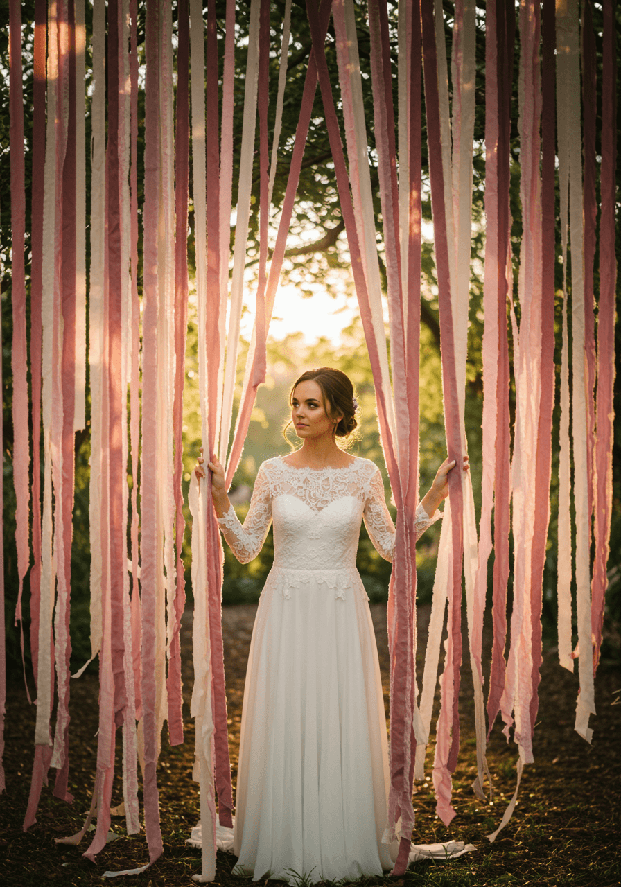 Bride standing beneath cascading dusty rose silk ribbons in romantic garden ceremony