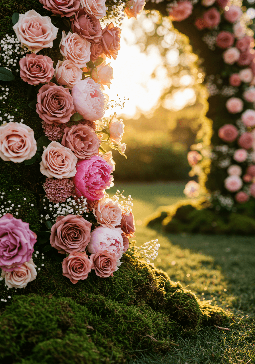 Organic floral arch with dusty rose blooms appearing to grow from moss-covered ground