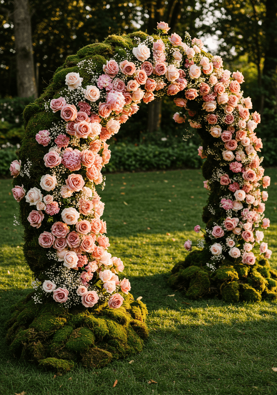 Ground-rooted floral arch structure with natural moss bases and dusty rose garden roses