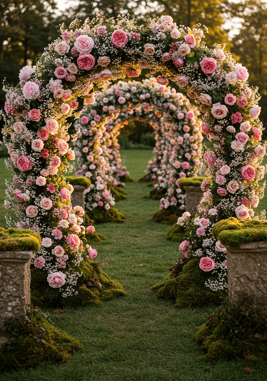 Natural archway of dusty rose flowers creating organic tunnel in romantic garden setting