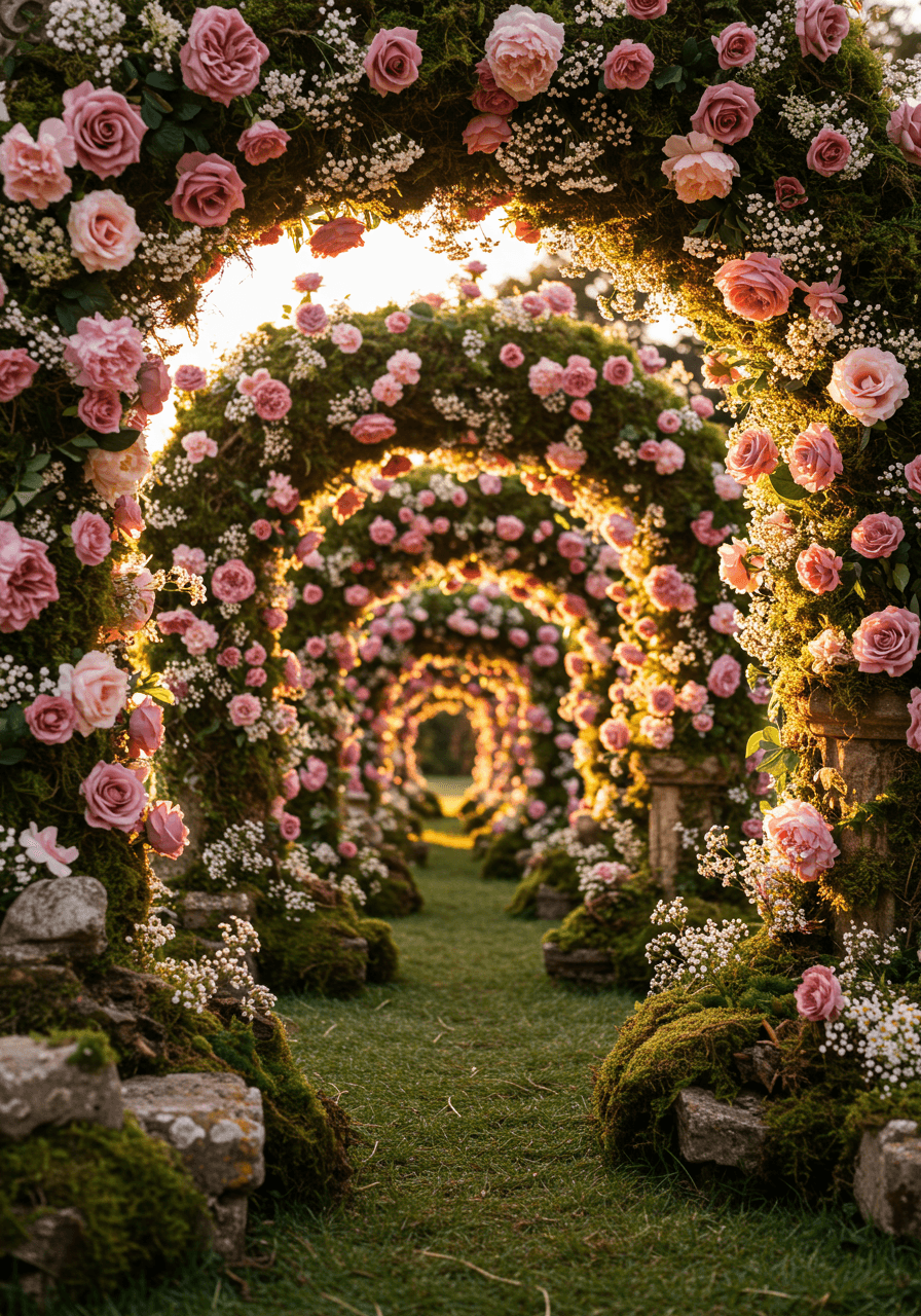 Magnificent floral tunnel effect with dusty rose blooms growing from moss-covered bases