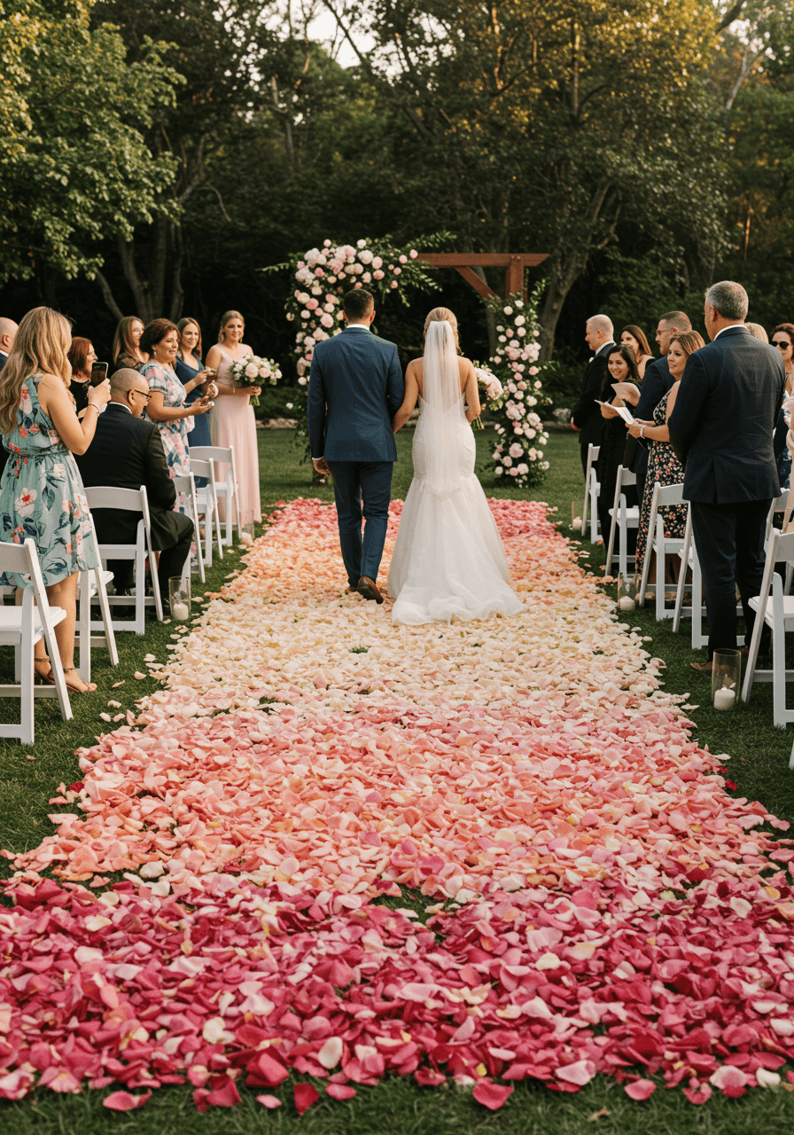 Bride and groom walking down ombré rose petal aisle runner during golden hour ceremony