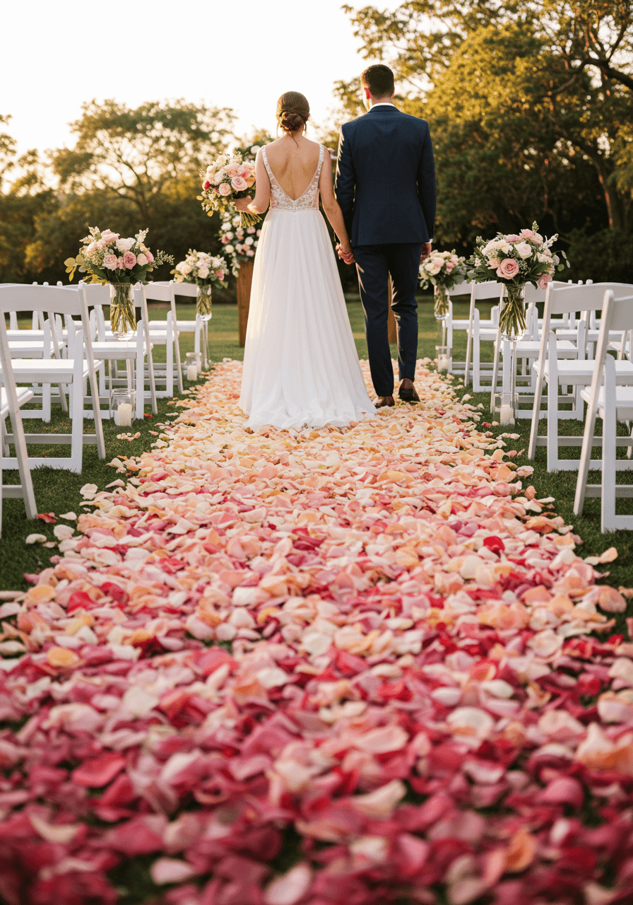Outdoor garden ceremony aisle with gradient rose petals from deep dusty rose to blush pink
