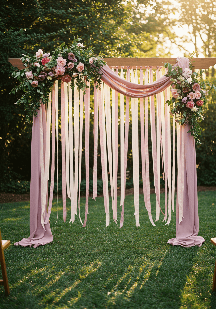 Flowing dusty rose ribbon backdrop hanging from wooden arch in garden ceremony space