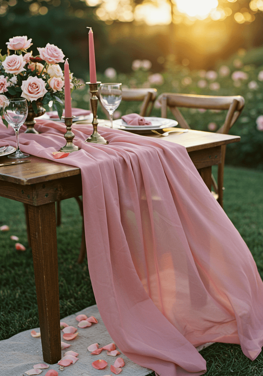 Intimate outdoor dinner table with cascading dusty rose chiffon runners in garden pavilion