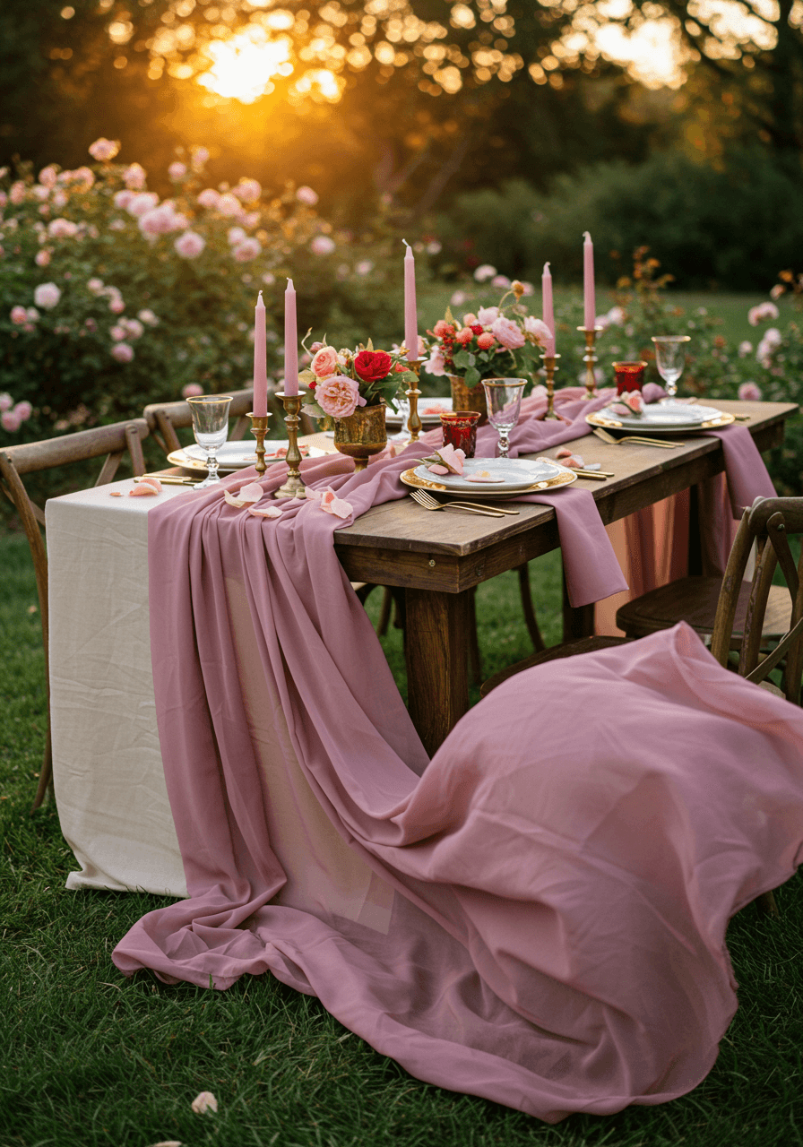 Garden pavilion wedding table setting with flowing chiffon runners during sunset
