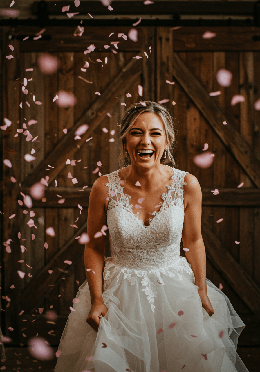 Joyful bride laughing as dusty rose confetti falls during grand exit from rustic barn