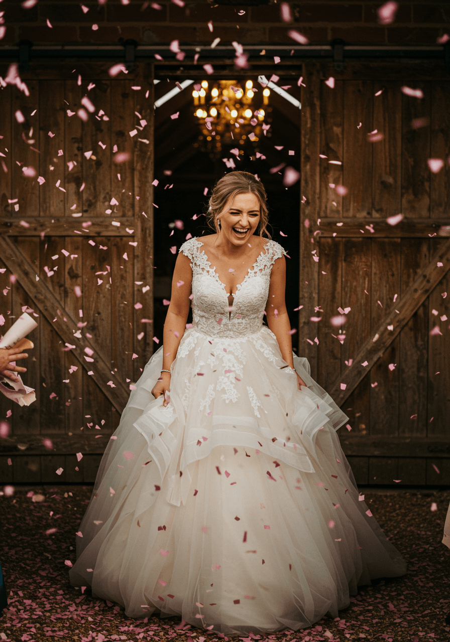 Bride in tulle dress celebrating with dusty rose paper confetti at barn venue
