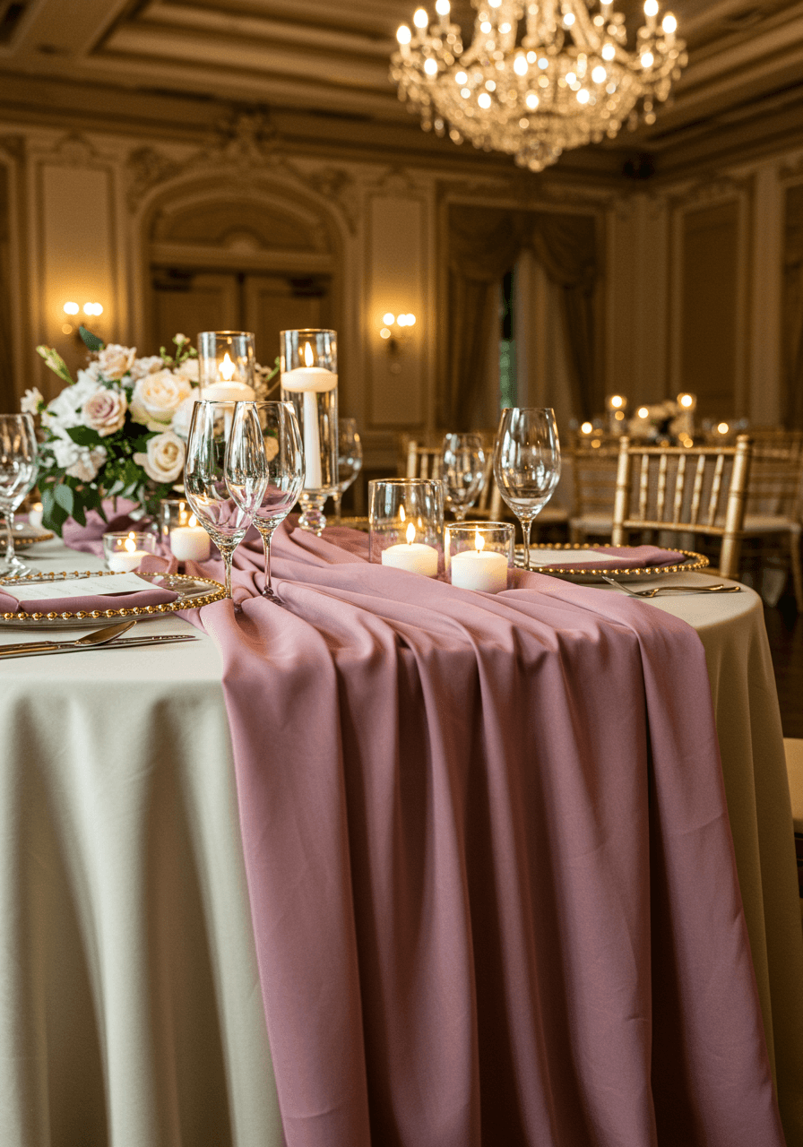 Wedding tablescape featuring dusty rose silk runners with gold charger plates and crystal glassware