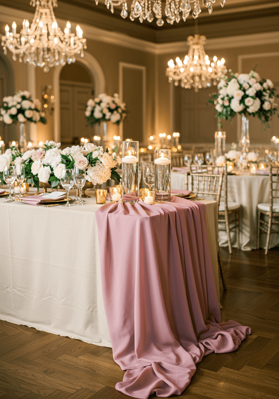 Luxurious ballroom reception table with flowing dusty rose silk table runners and crystal chandeliers