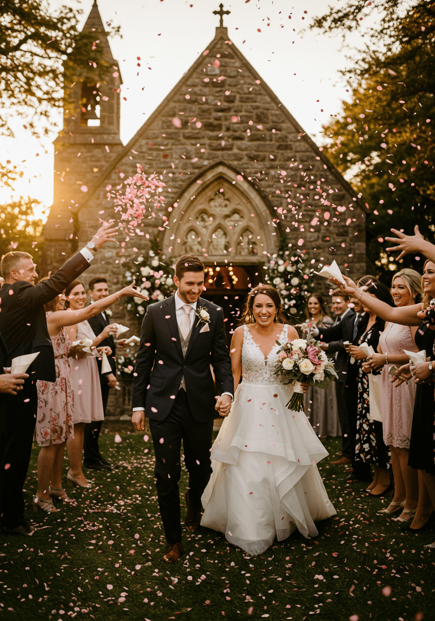Newlywed couple running through dusty rose confetti shower outside romantic chapel