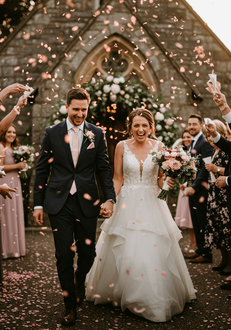 Bride and groom celebrating with dusty rose confetti during golden hour chapel exit