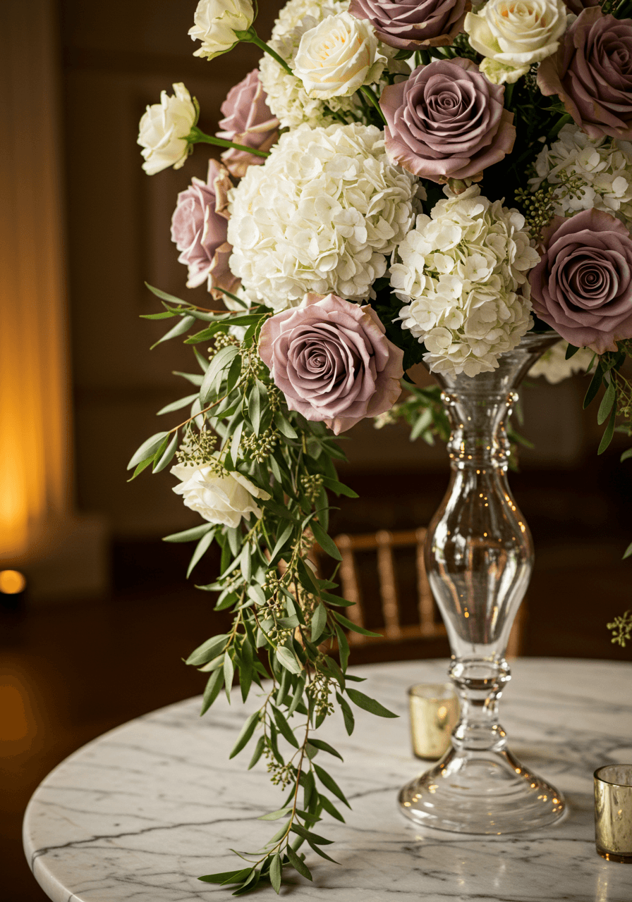 Opulent floral arrangement with oversized dusty rose garden roses in tall crystal vase