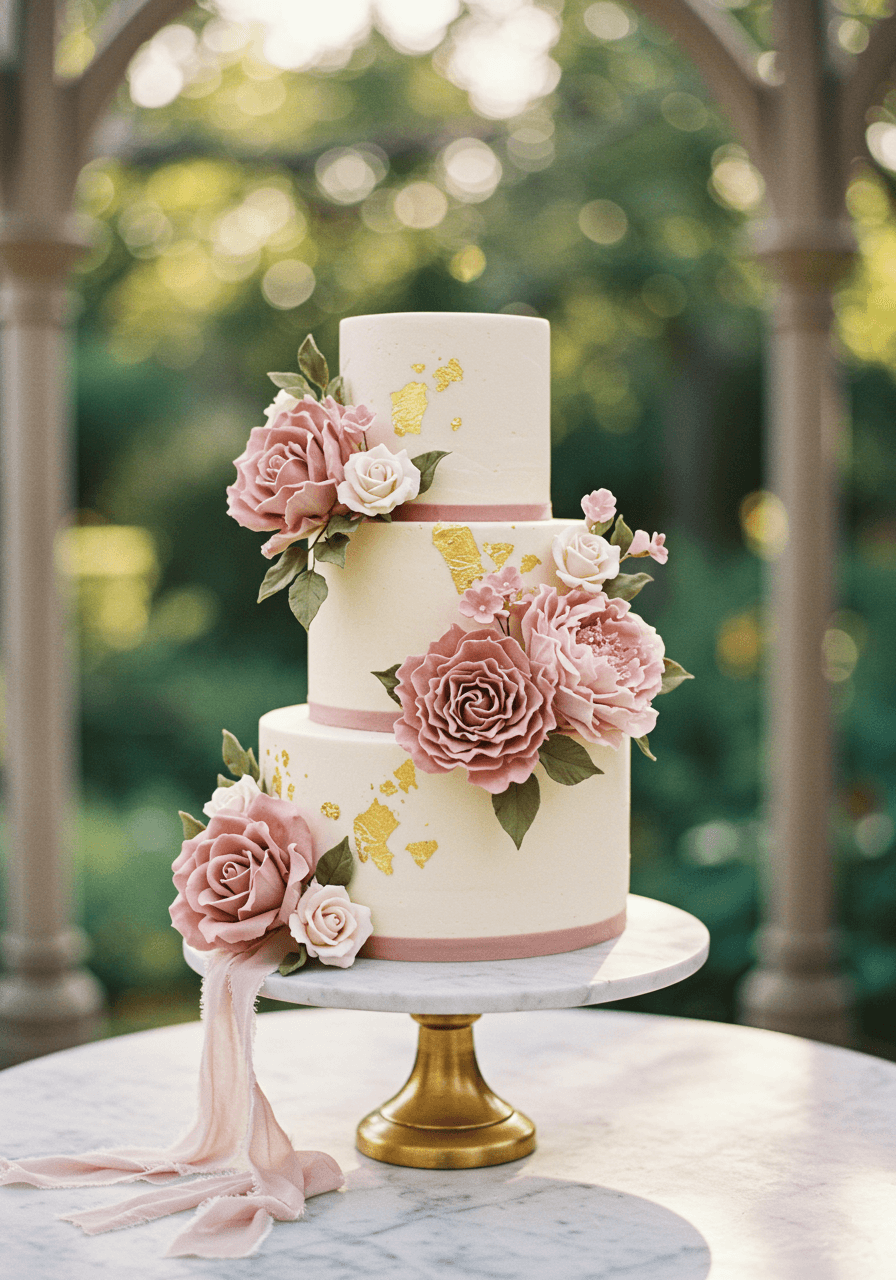 Three-tier wedding cake adorned with delicate dusty rose sugar flowers on marble stand