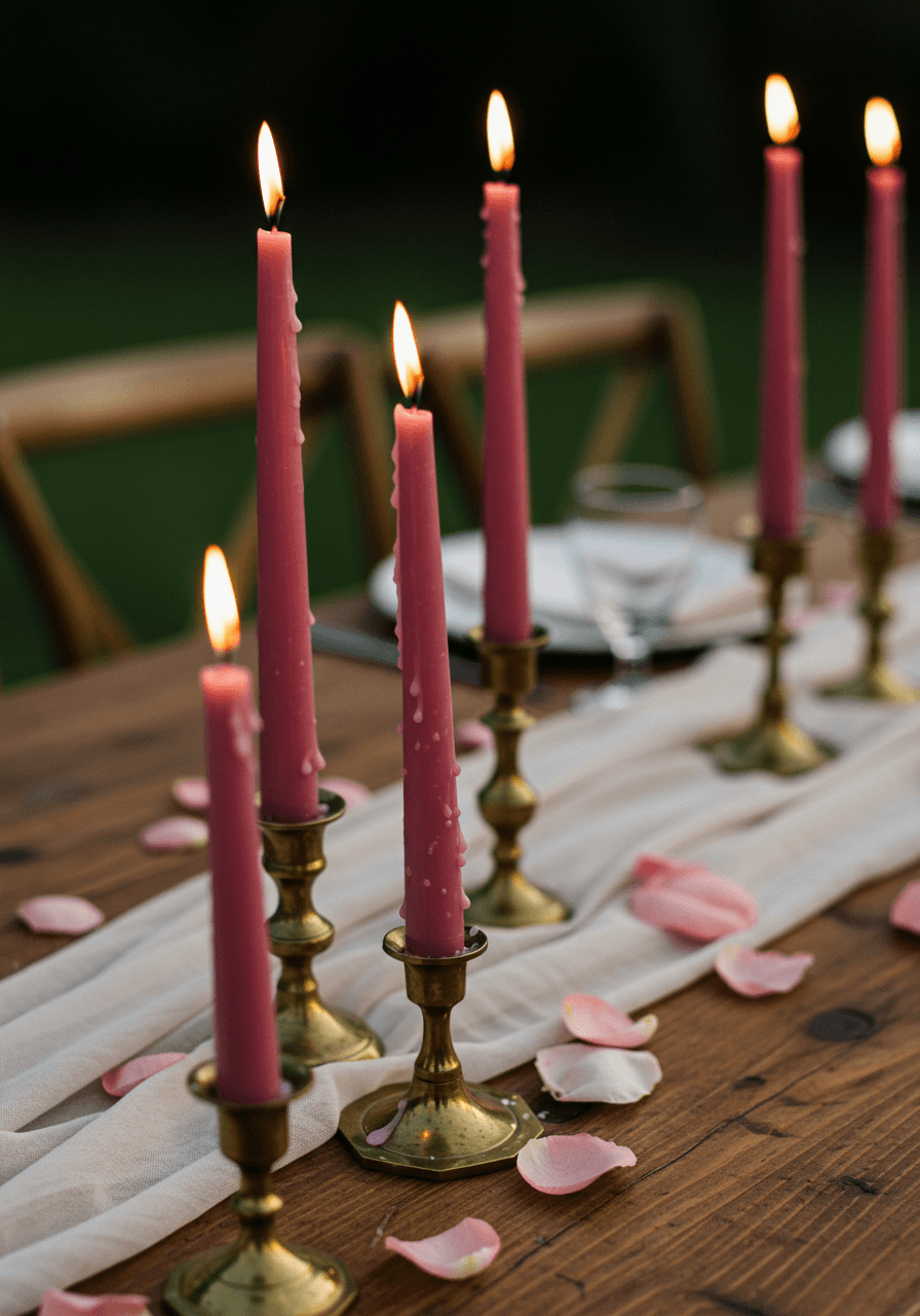 Close-up detail of dusty rose candles with scattered rose petals and brass candlesticks