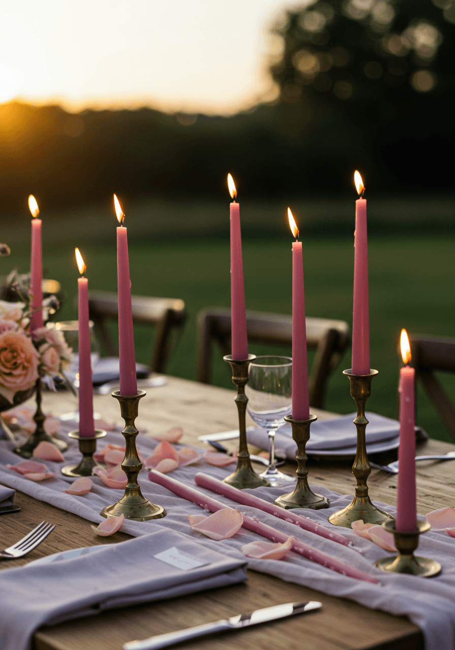 Dusty rose taper candles arranged on rustic wooden dining table during golden hour