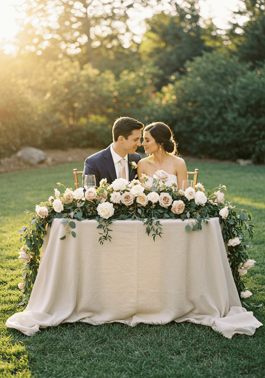 Couple at sweetheart table with lush dusty rose floral runner in garden setting