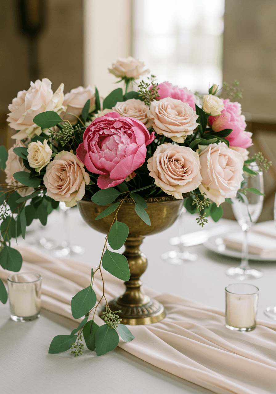 Wedding centerpiece featuring dusty rose blooms and eucalyptus in antique brass vessel