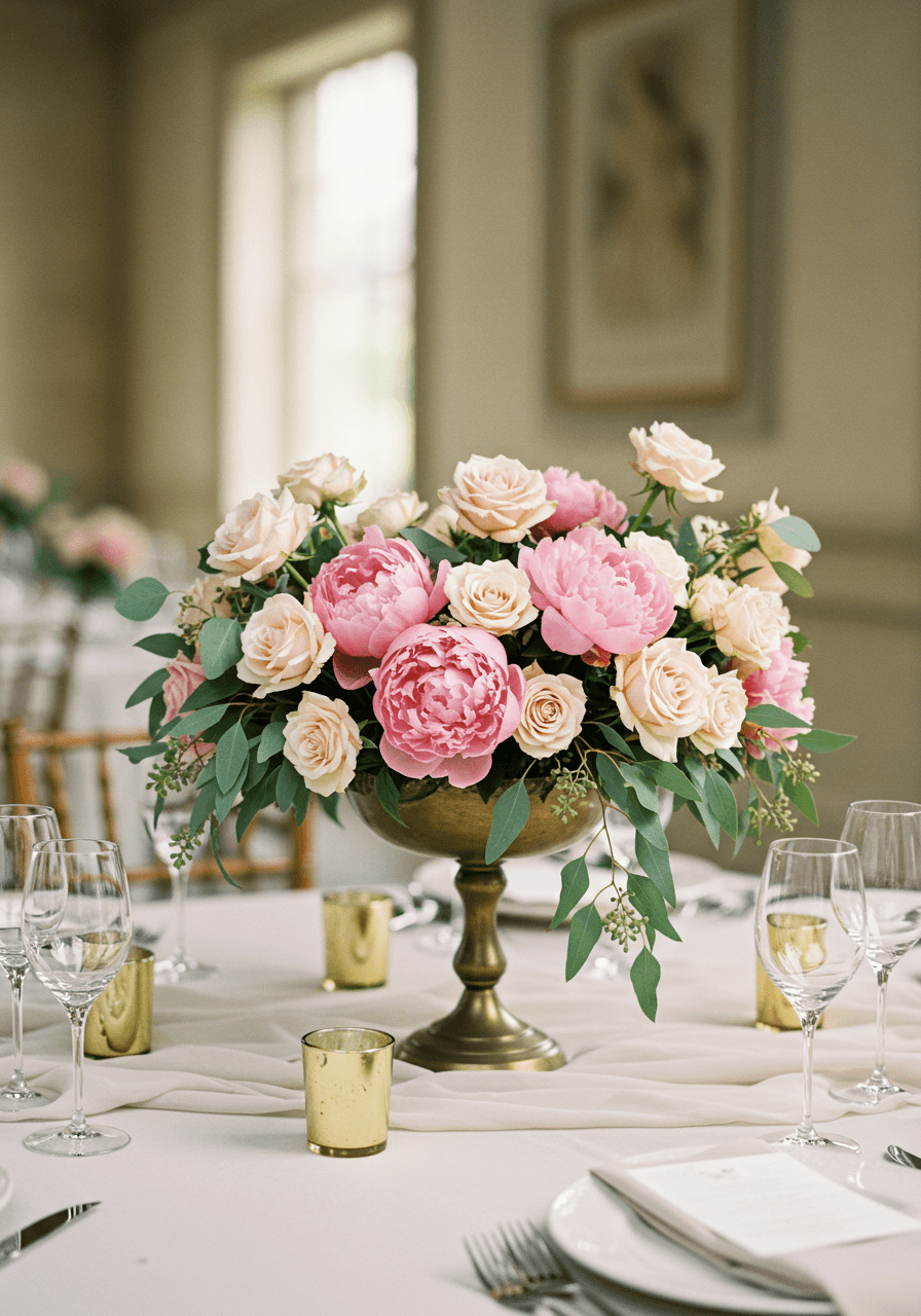 Lush floral centerpiece with cascading dusty rose peonies in vintage brass compote bowl
