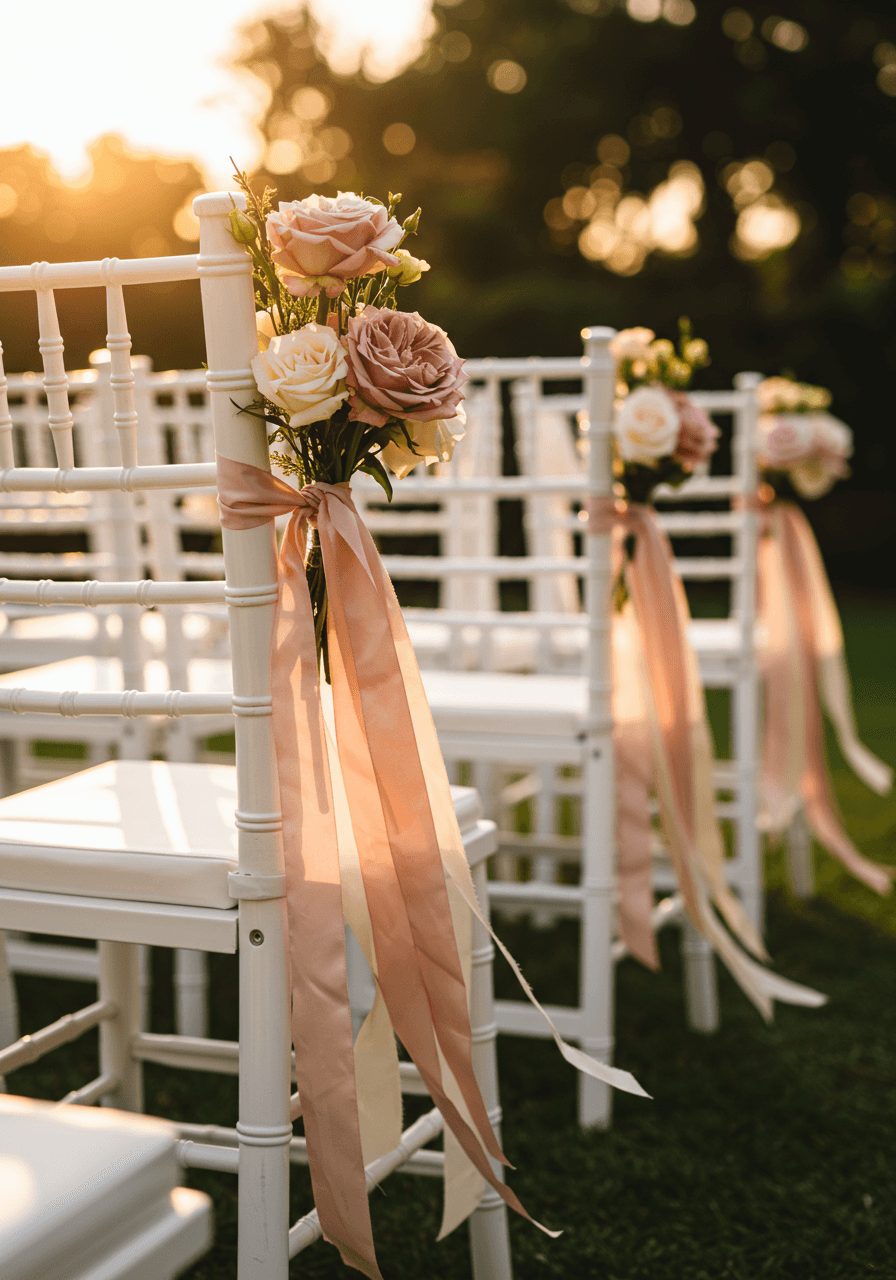 Garden ceremony seating with flowing silk ribbon chair decorations during golden hour