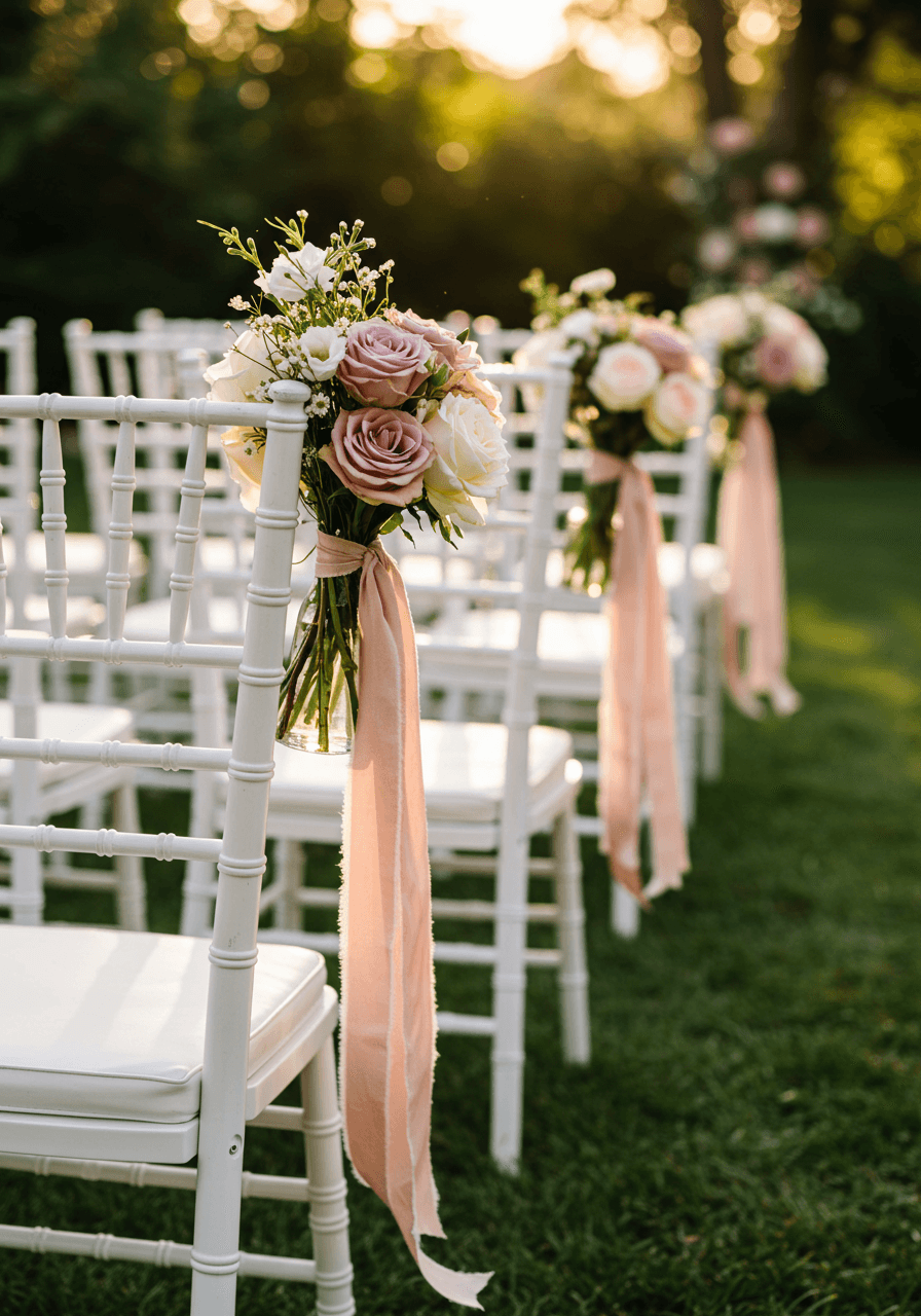 Row of white ceremony chairs decorated with dusty rose and cream flower posies