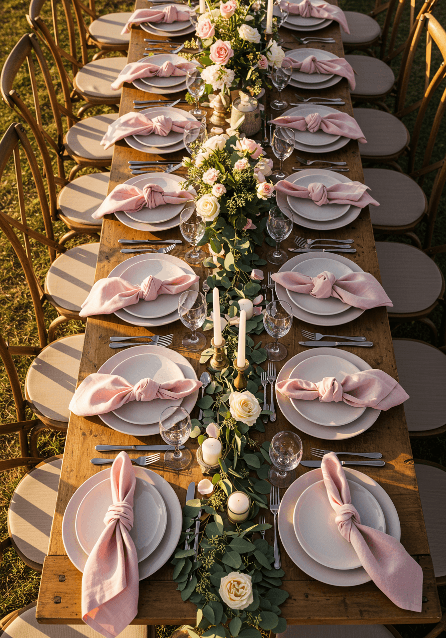 Overhead view of multiple place settings with dusty rose charger plates and knotted napkins