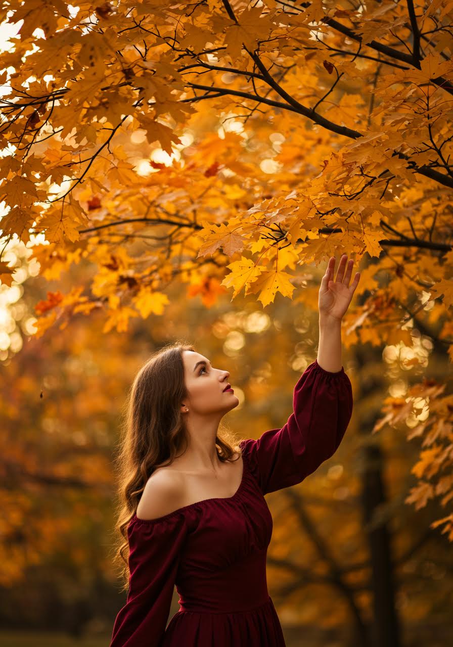 Wedding guest reaching toward maple branches while wearing burgundy off-shoulder dress