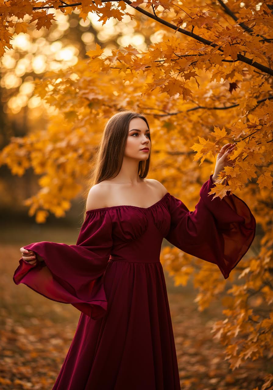 Romantic portrait of woman in burgundy off-shoulder dress surrounded by autumn trees