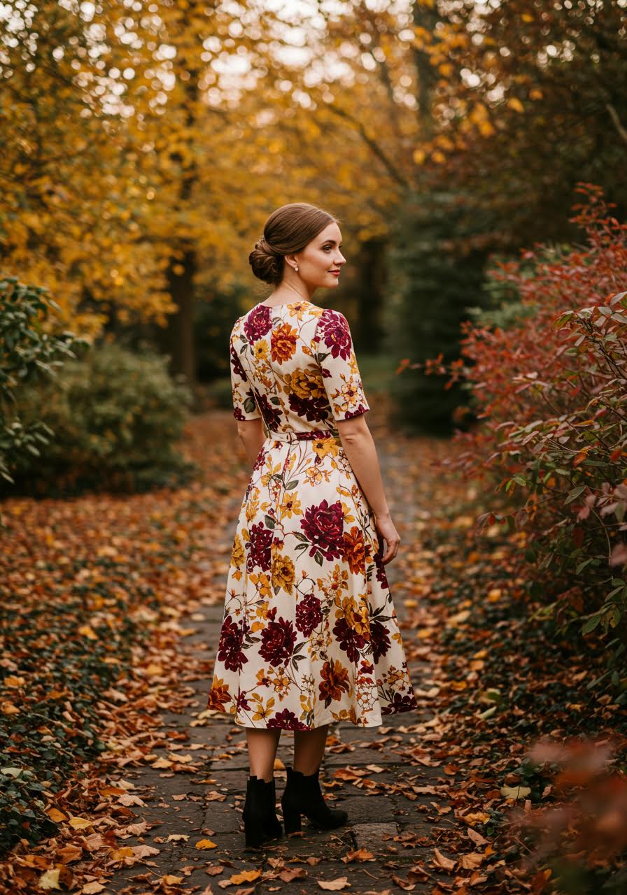 Portrait of wedding guest wearing autumn botanical print midi dress in garden setting